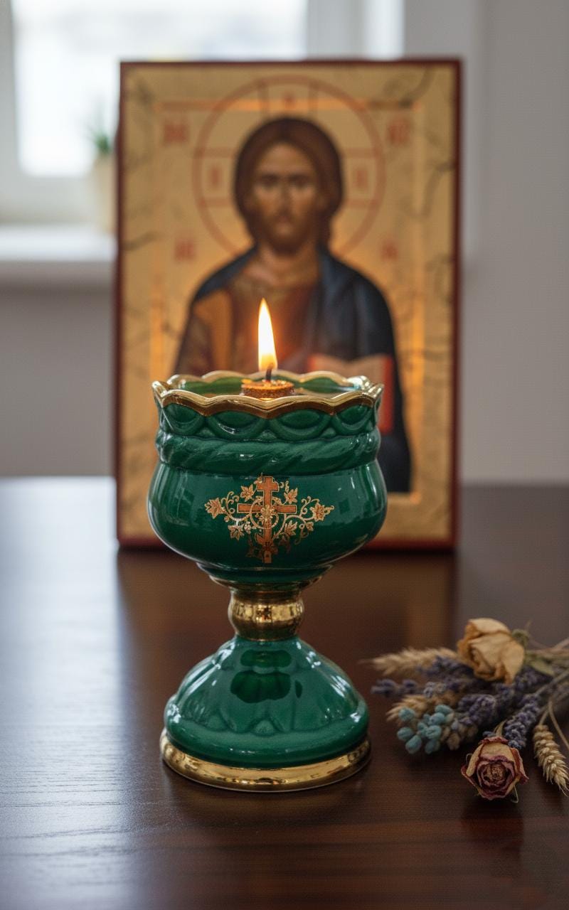 Christian green Ceramic Table Oil Lamp 5.5in. Set Includes: Lamp, floating wick, wick holder
