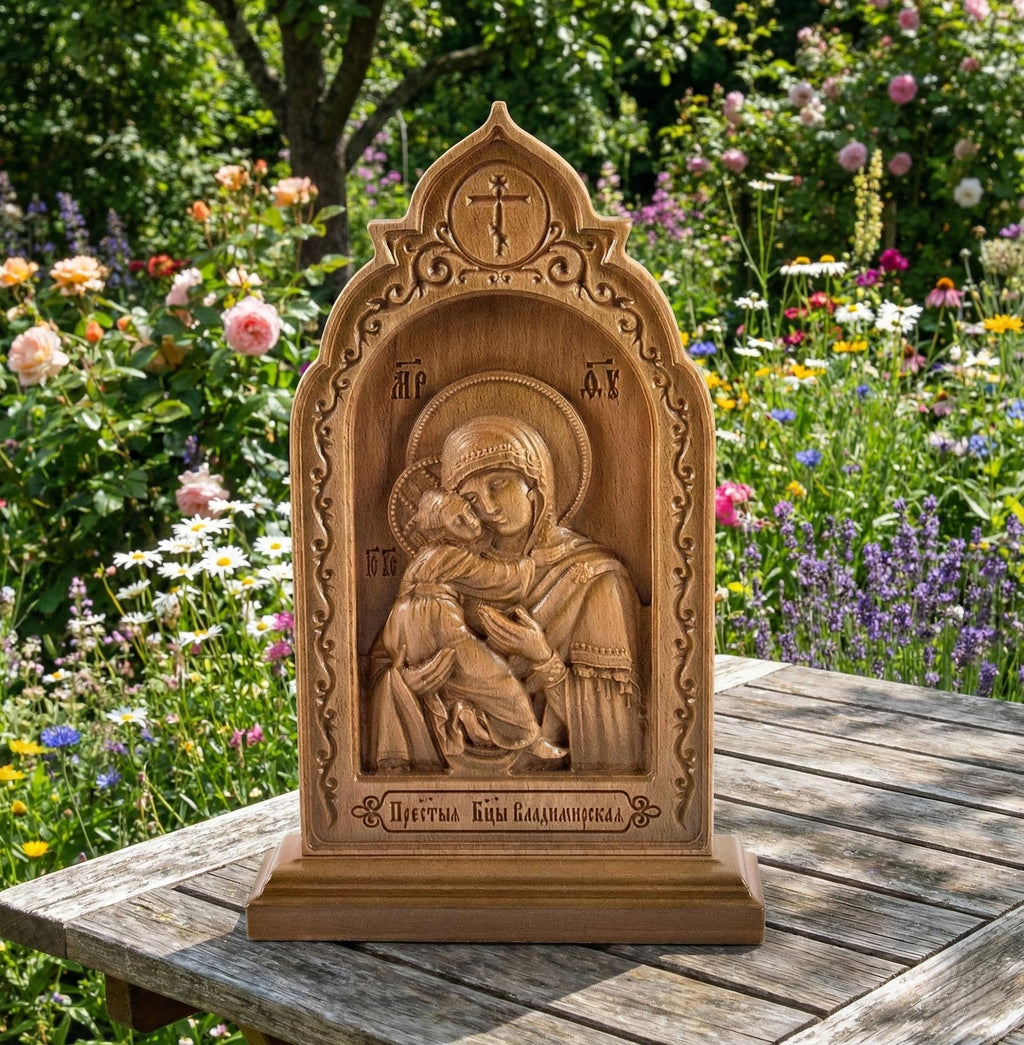 8.27x4.53in Wooden Carved Vladimir Icon of the Mother of God, Orthodox Icon, Religious Decor, Prayer Corner Icon, Christian Gift