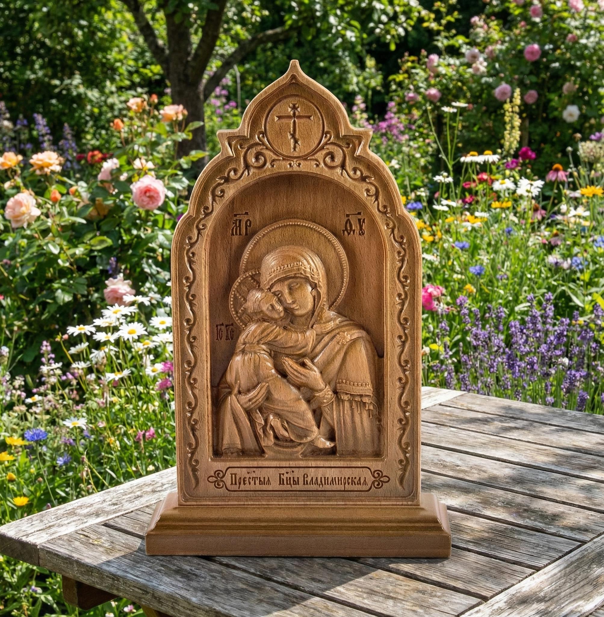 8.27x4.53in Wooden Carved Vladimir Icon of the Mother of God, Orthodox Icon, Religious Decor, Prayer Corner Icon, Christian Gift