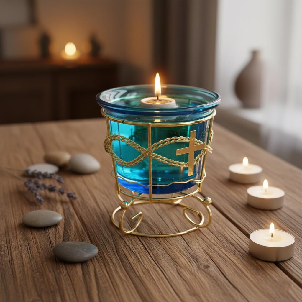Blue Glass Oil Lamp in Metal Stand  – Orthodox Candle Holder for Prayer