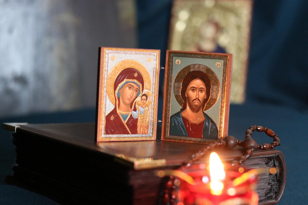Wooden Orthodox Folding Icon 3.5in, Travel Diptych, Virgin Mary And Jesus Christ, Pocket Icon