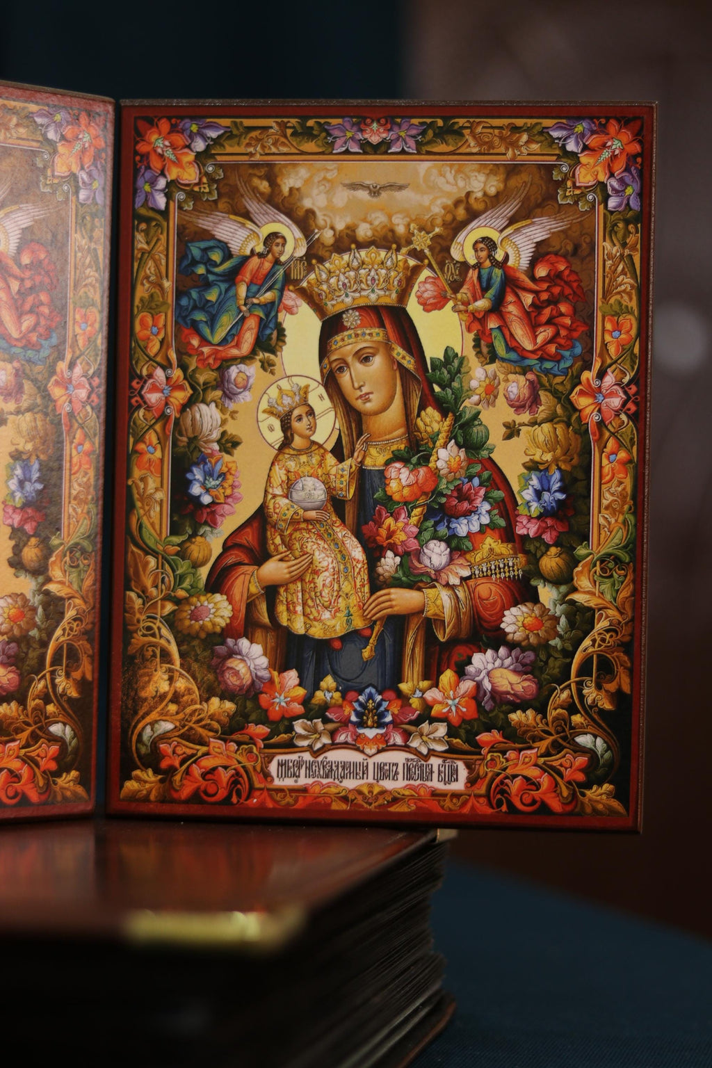 Unfading Flower Icon Set Mother of God Jesus Wooden Orthodox 6.3x4.7in