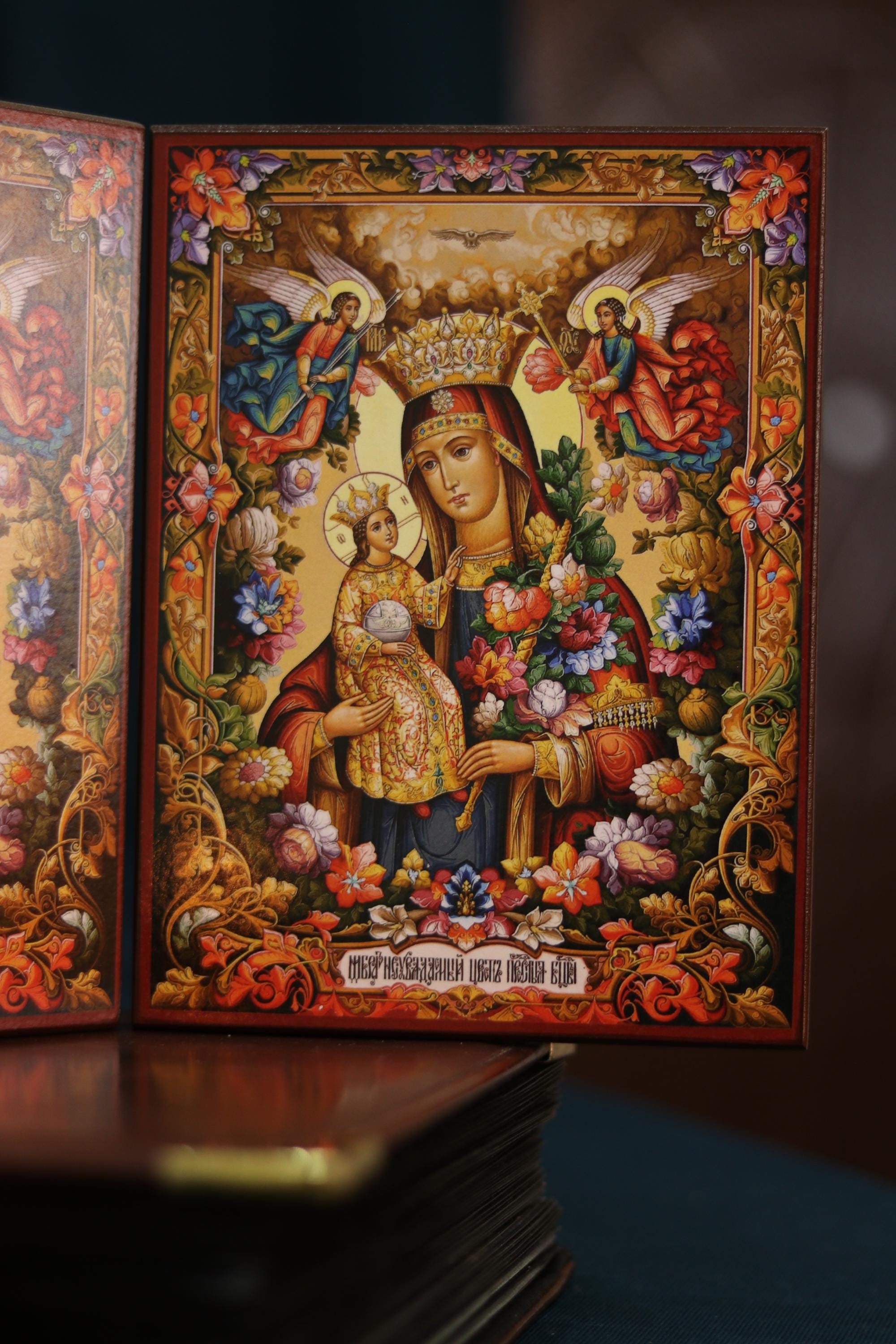 Unfading Flower Icon Set Mother of God Jesus Wooden Orthodox 6.3x4.7in
