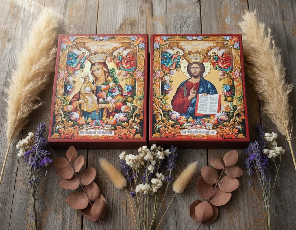 Wood Wedding Icons 7.8x6.1 in, Orthodox Icons, Ever Blooming Flower Icon, Jesus Christ Icon.
