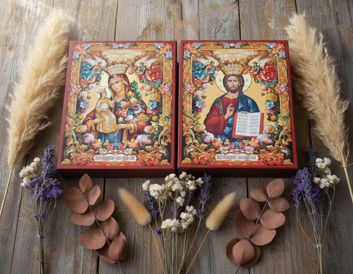 Wood Wedding Icons 7.8x6.1 in, Orthodox Icons, Ever Blooming Flower Icon, Jesus Christ Icon.