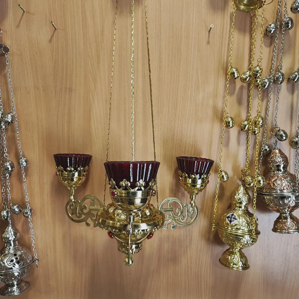 Brass Four-Light Hanging Lampada, Orthodox Chandelier, Greek Church Lamp