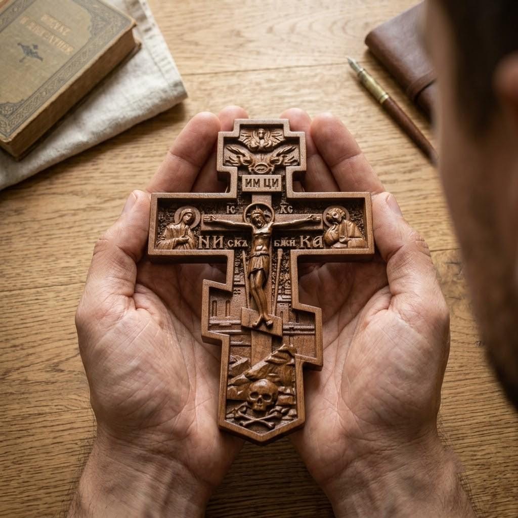 Orthodox Wooden Crucifix, Handcrafted Natural Wood Cross