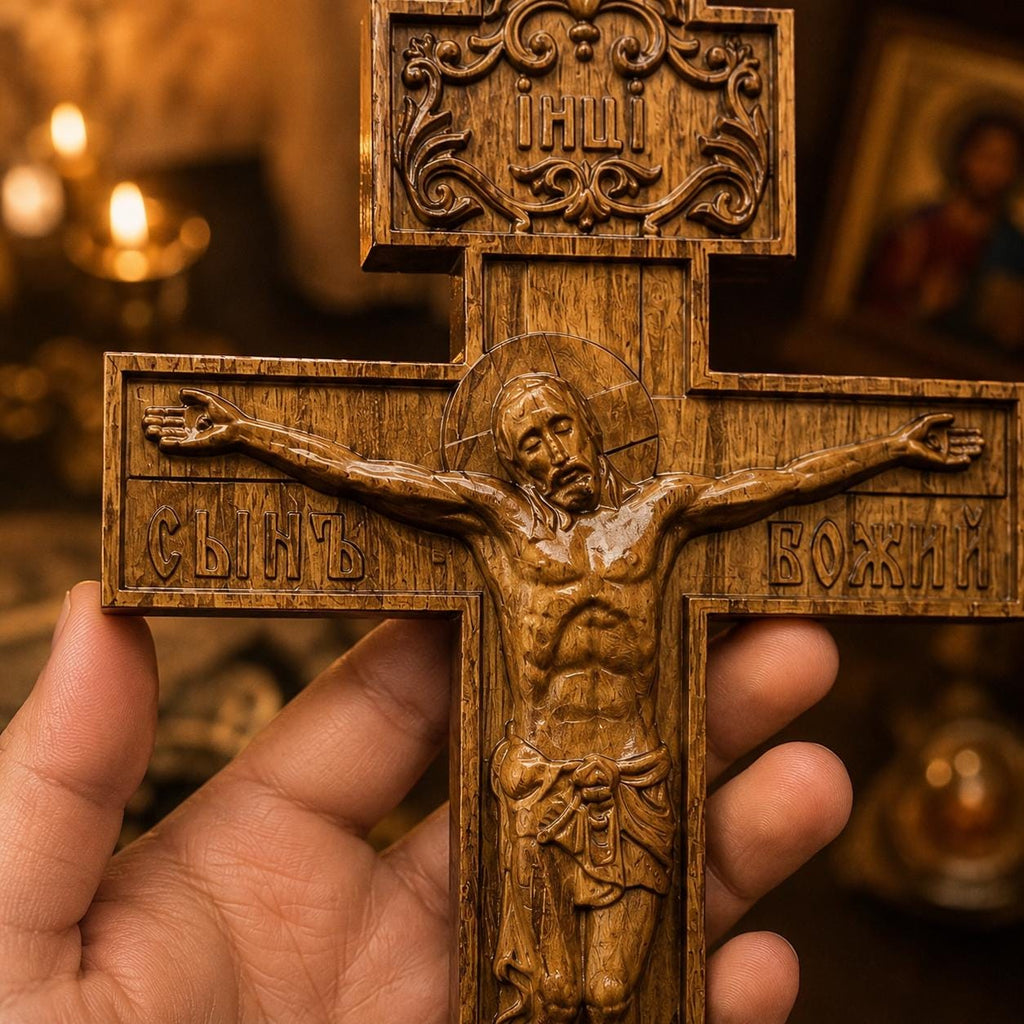 Orthodox Wooden Crucifix, Beech Wood Wall Cross with Jesus Christ, Handmade Christian Cross