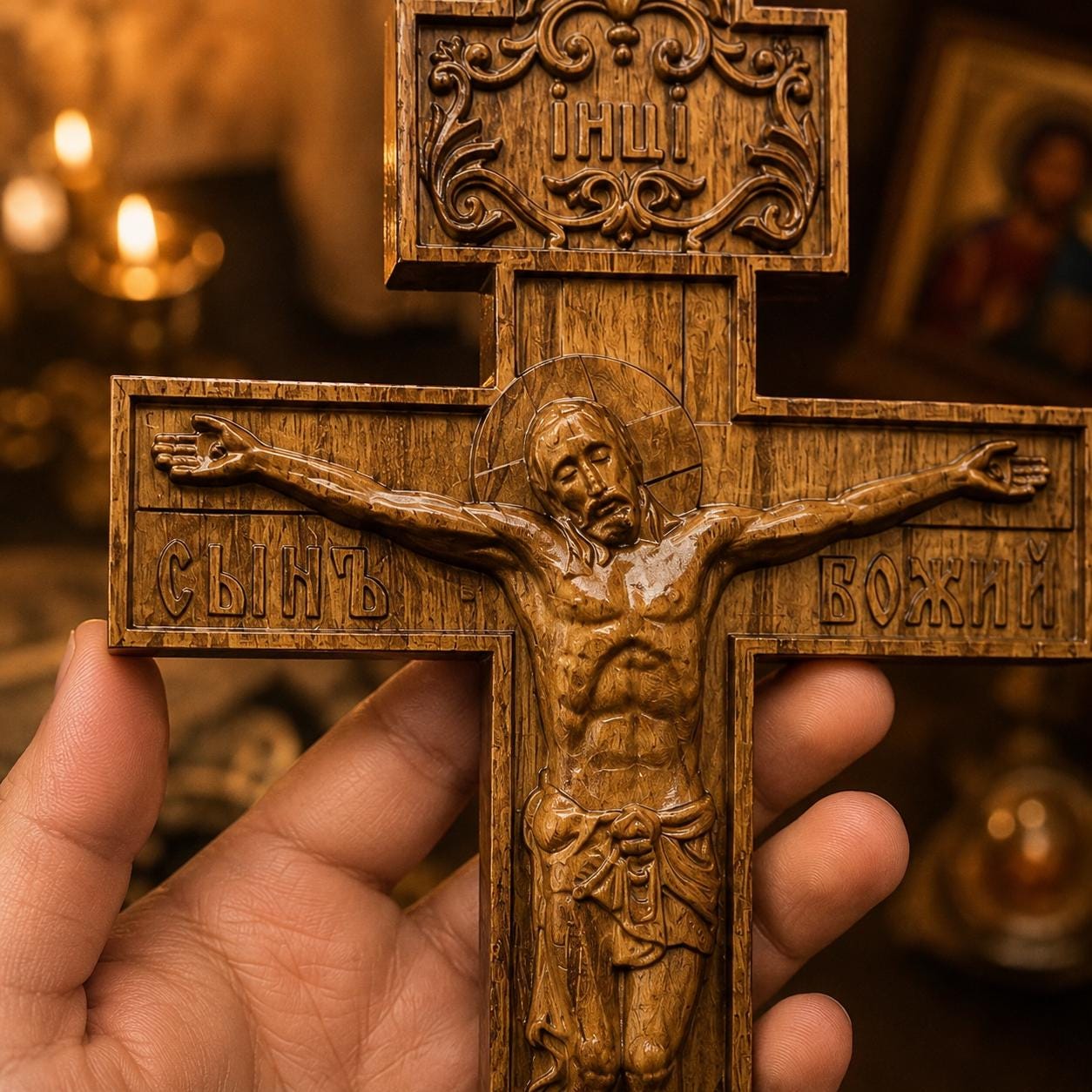 Orthodox Wooden Crucifix, Beech Wood Wall Cross with Jesus Christ, Handmade Christian Cross