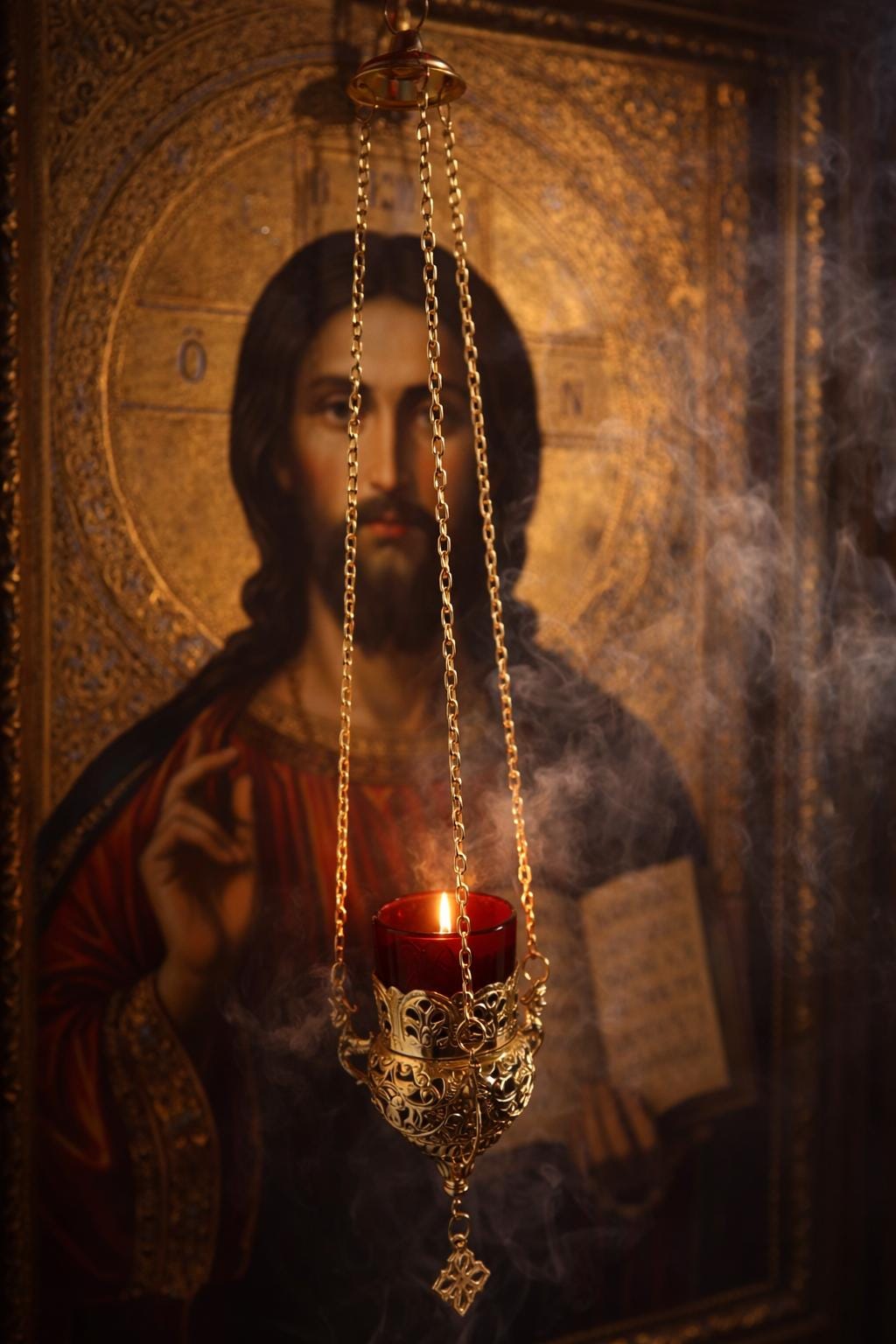 Orthodox Brass Hanging Oil Lamp 7.1 in, Church Prayer Lampada