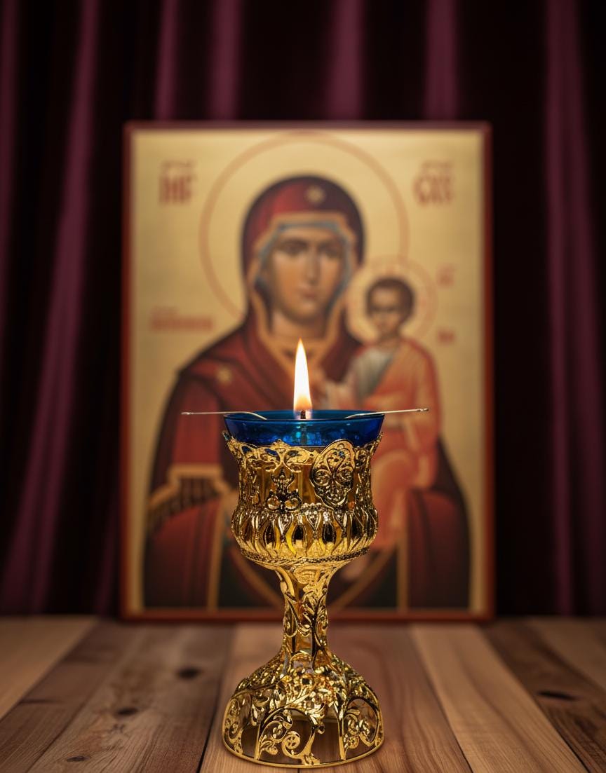 Glass Oil Lamp with Blue Globe, Vintage Oil Lamp, Orthodox Icon Lamp, Hanging Oil Candle, Eastern Orthodox Christian Prayer Lamp