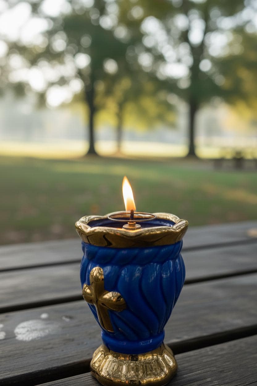 Blue & Gold Ceramic Table Oil Lamp 3.5in, Cross Design, Orthodox Prayer Lamp with Wick Holder + 10 Wicks