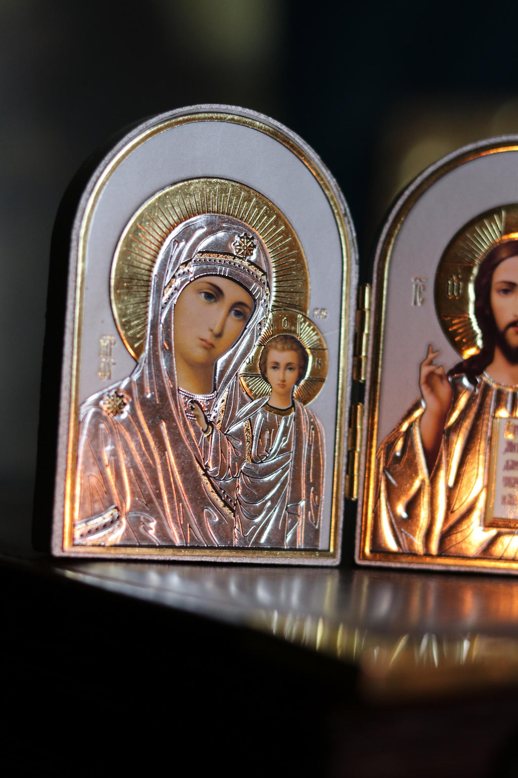 Wooden Orthodox Folding Icon 3.1in, Travel Diptych, Virgin Mary And Jesus Christ, Pocket Icon