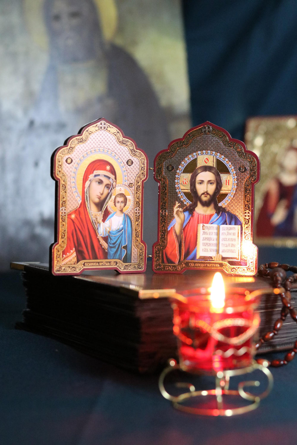 Wooden Orthodox Folding Icon 5.1in, Virgin Mary And Jesus Christ, Large Travel Diptych