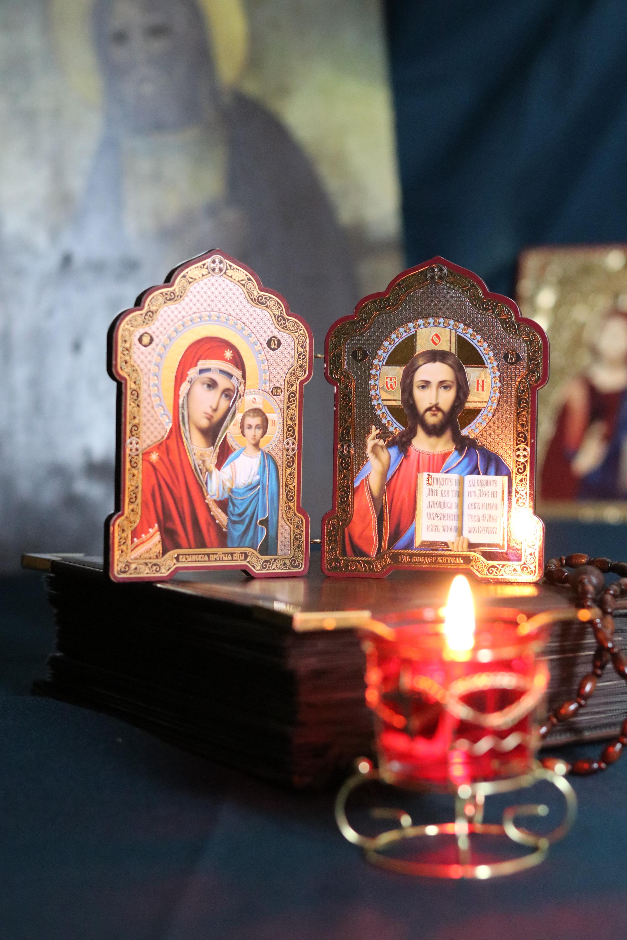 Wooden Orthodox Folding Icon 5.1in, Virgin Mary And Jesus Christ, Large Travel Diptych