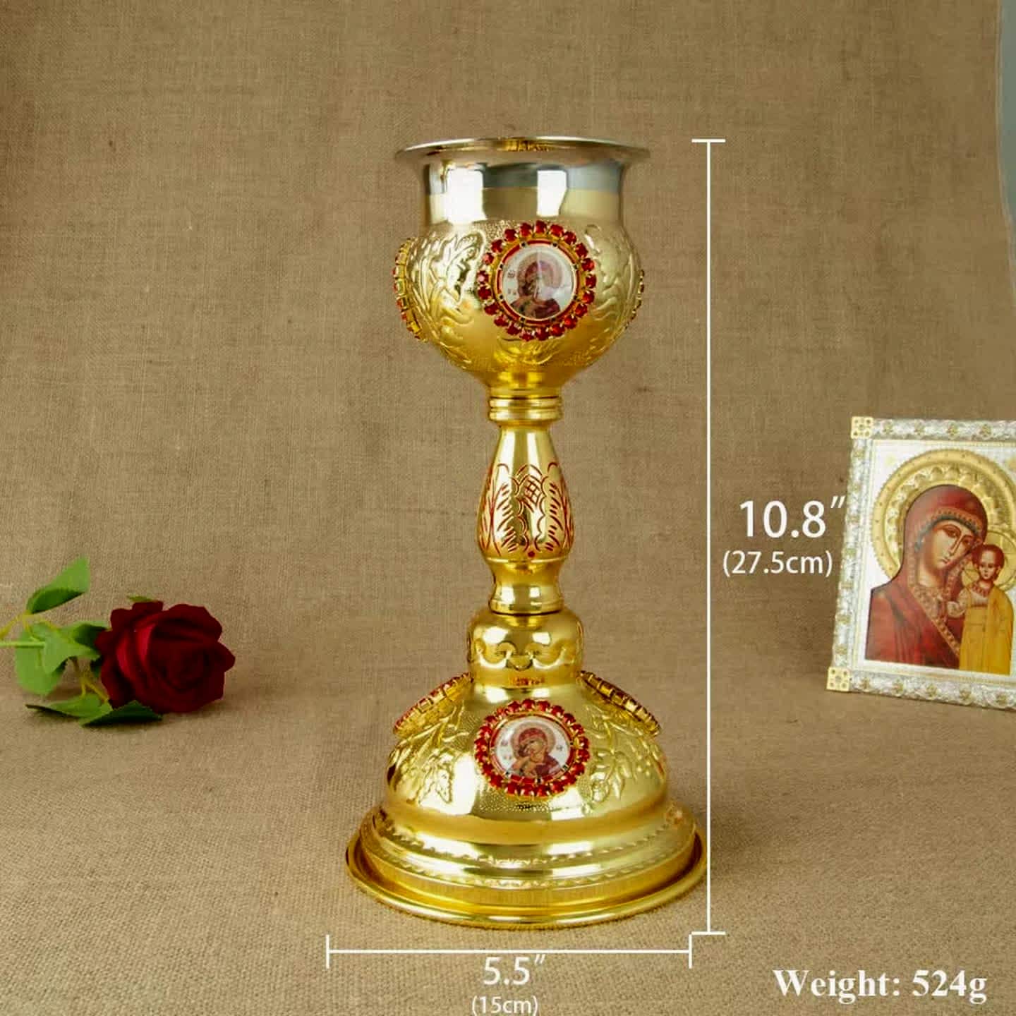 Orthodox Eucharistic accessories: chalice, paten, spoon, ewer. Holy Communion set.