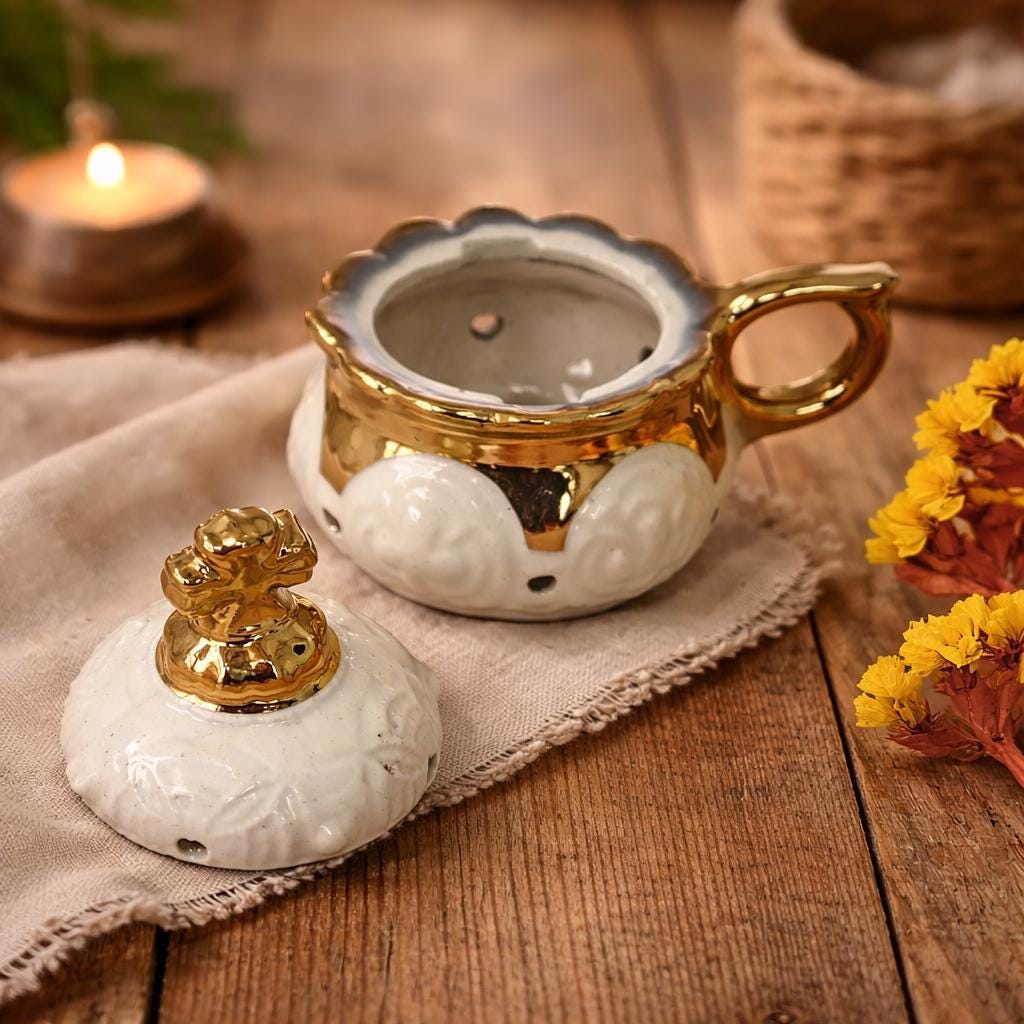 White Ceramic Incense Burner with Handle 4.3 in., Orthodox Censer, Christian Incense Holder