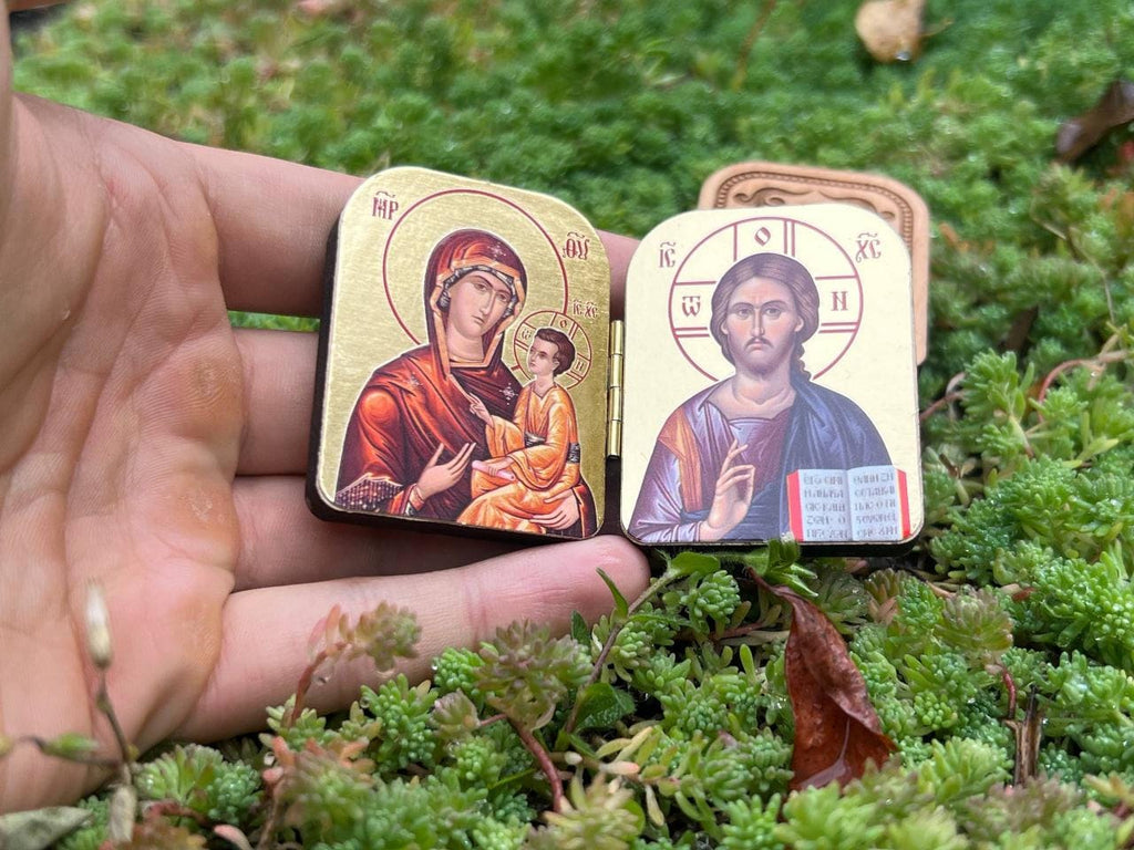 Christian incense set: white ceramic censer, triptych icon, 50 grams of Greek incense, 6 pcs. of coal.
