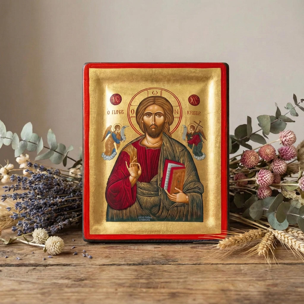 Handmade 6.1×7.8 in Greek Icon of Jesus Christ, Cypress Wood Icon, Gold Leaf.