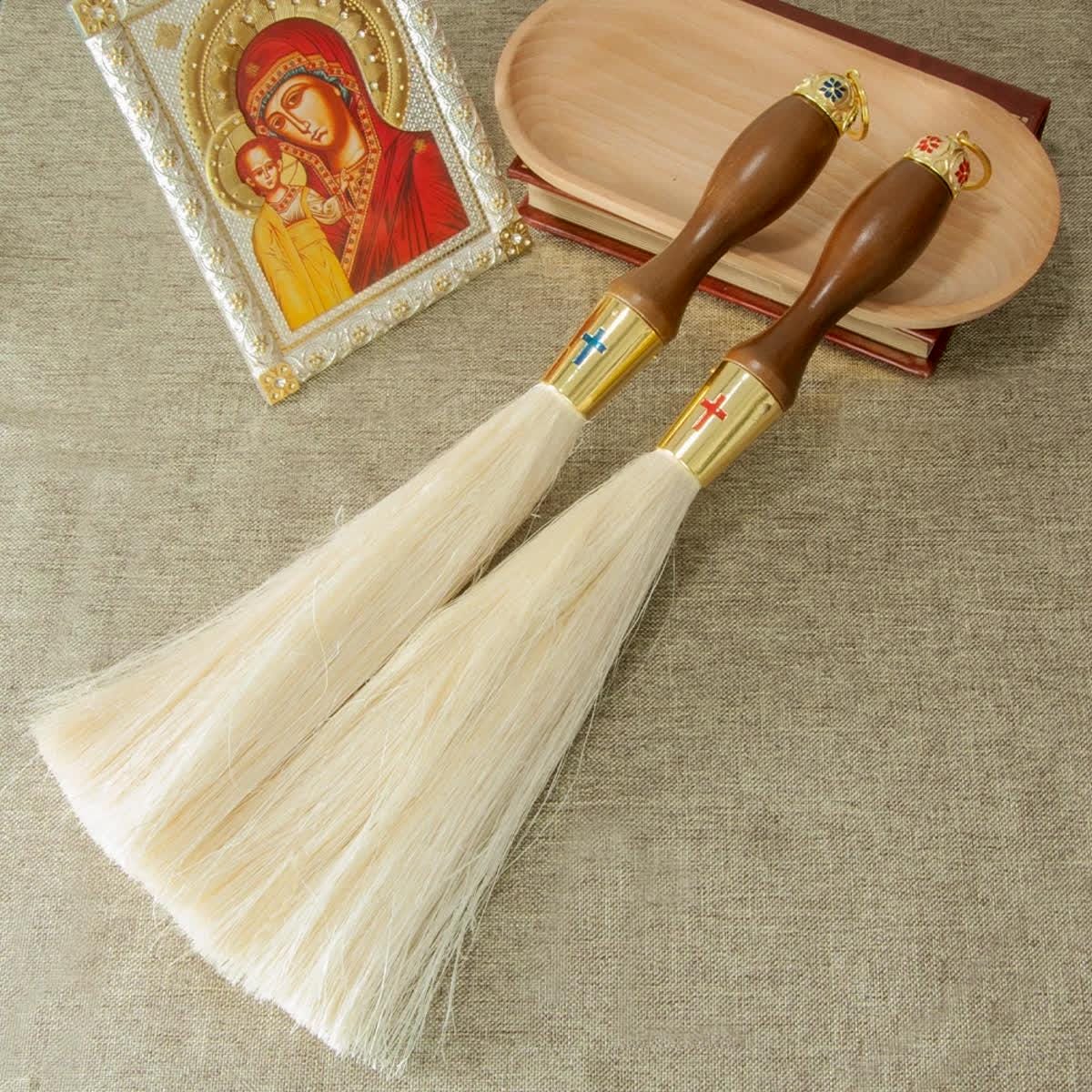 Orthodox Holy Water Brush 15.4" | Brass & Wood Aspergillum | Blue or Red Cross | Priest Blessing Brush | Liturgical Accessory