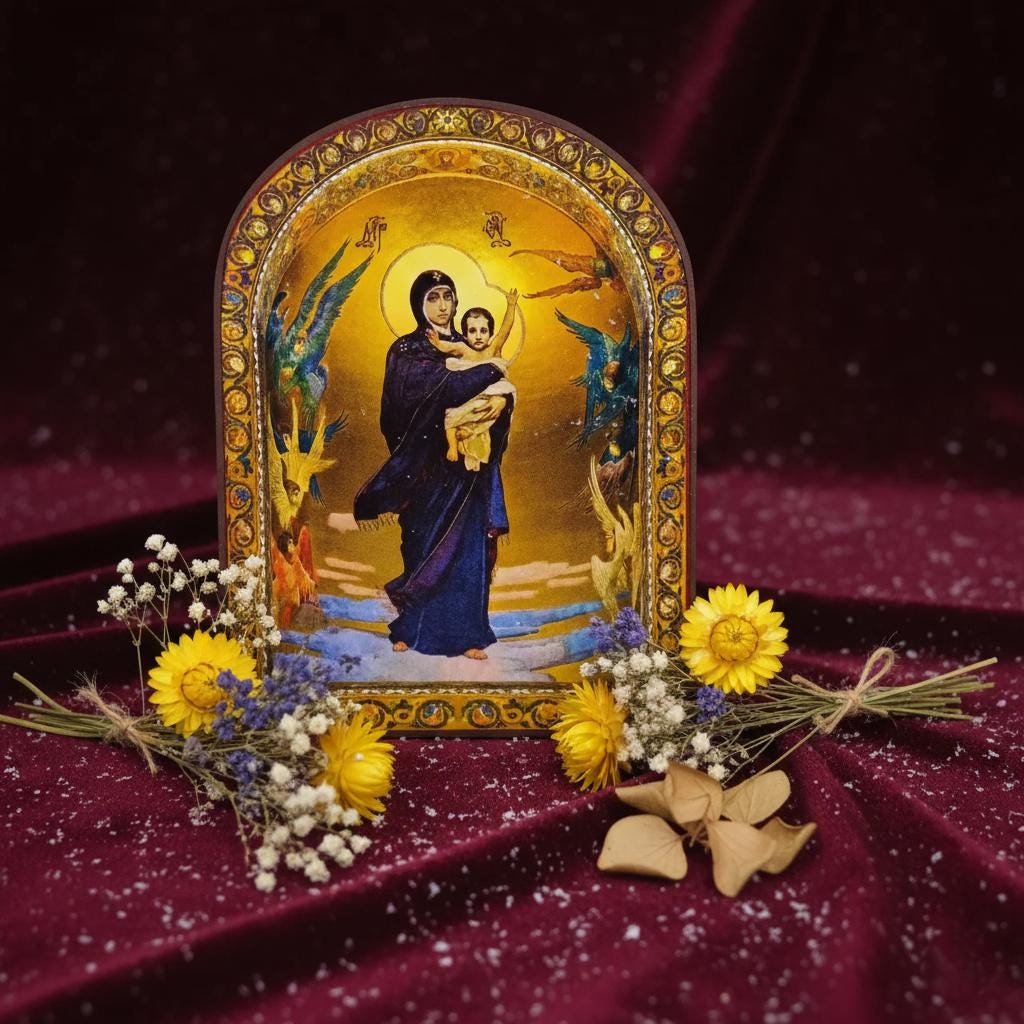 Wood Orthodox Icon 6.3x4.7, Graceful Sky Icon, Virgin Mary Icon, Благодатне Небо, Christian Icon, Prayer Corner