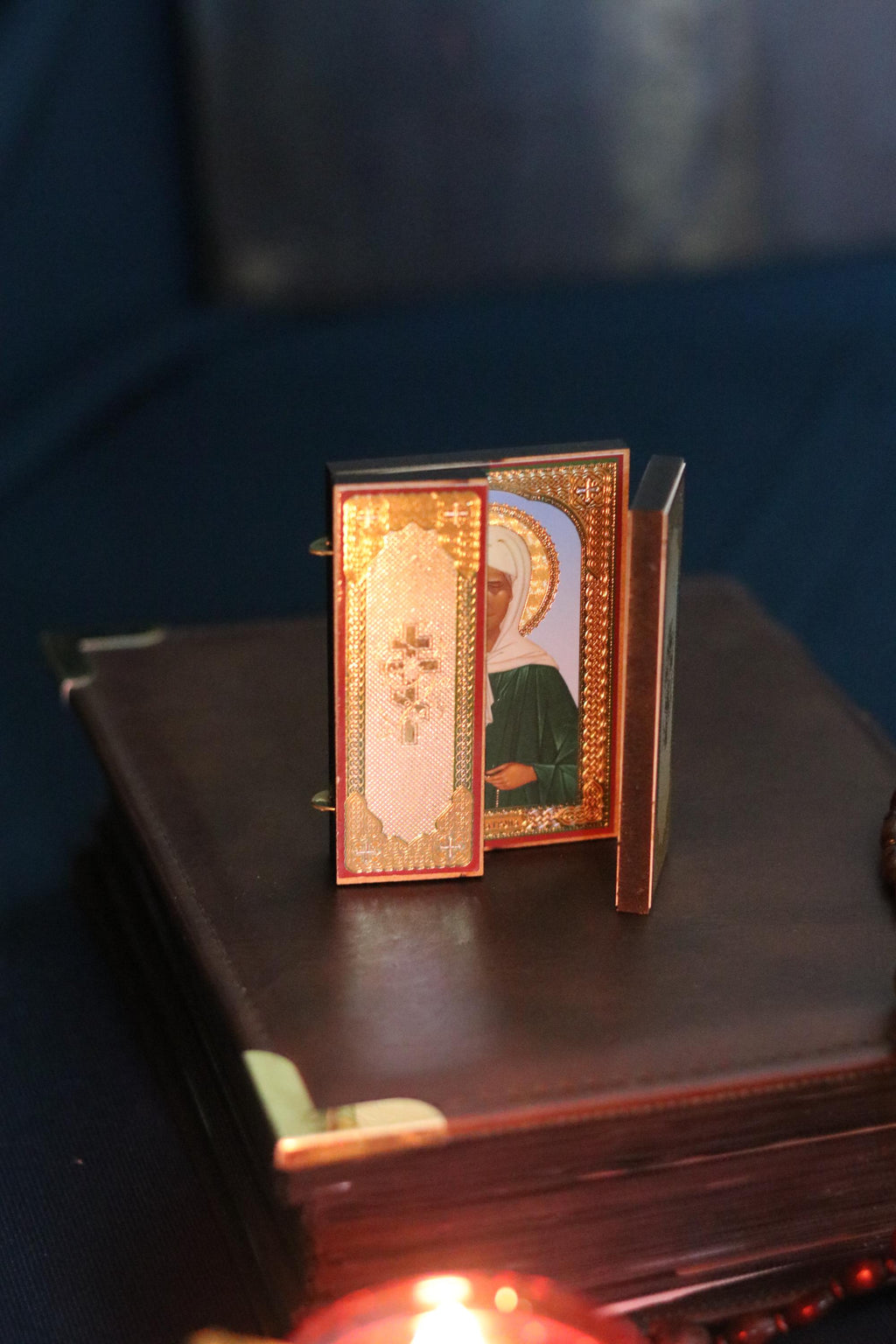 Saint Matrona Icon, Wooden Orthodox Triptych Icon 3.5in, Folding Travel Icon