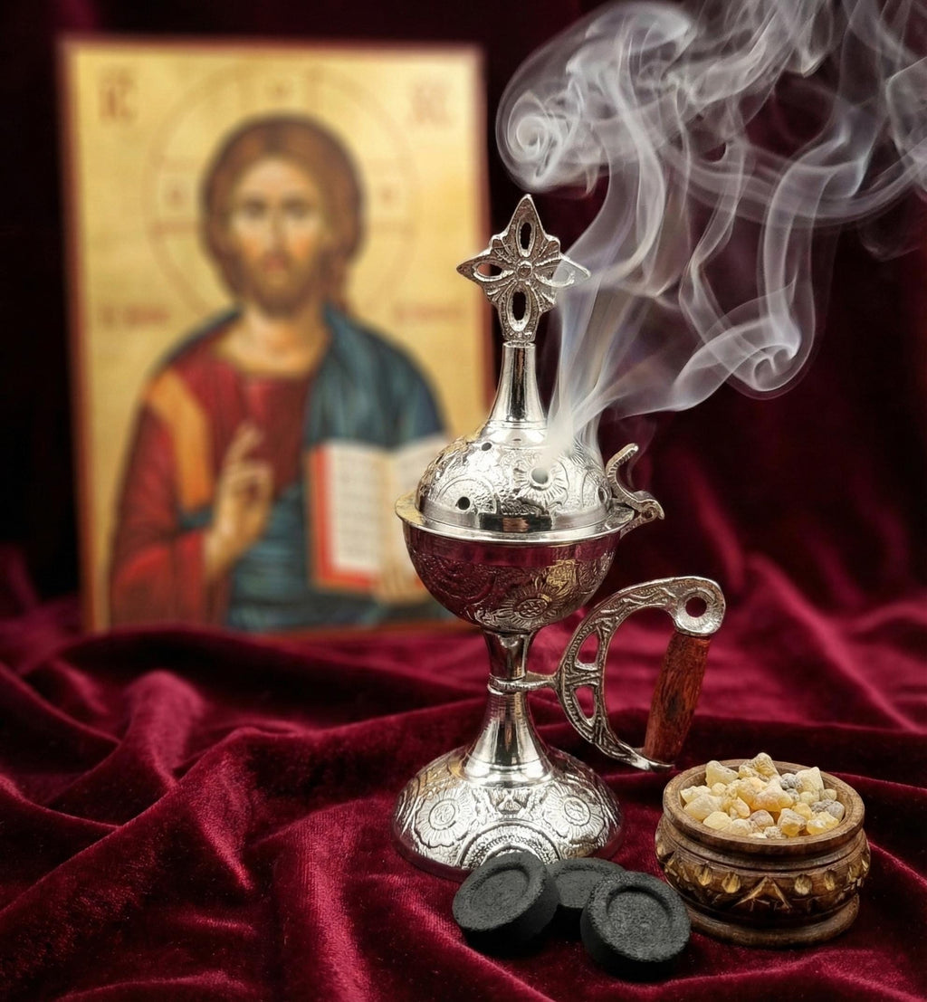 Greek Metal Censer Set, 14cm Incense Burner with 50g Frankincense & Charcoal.