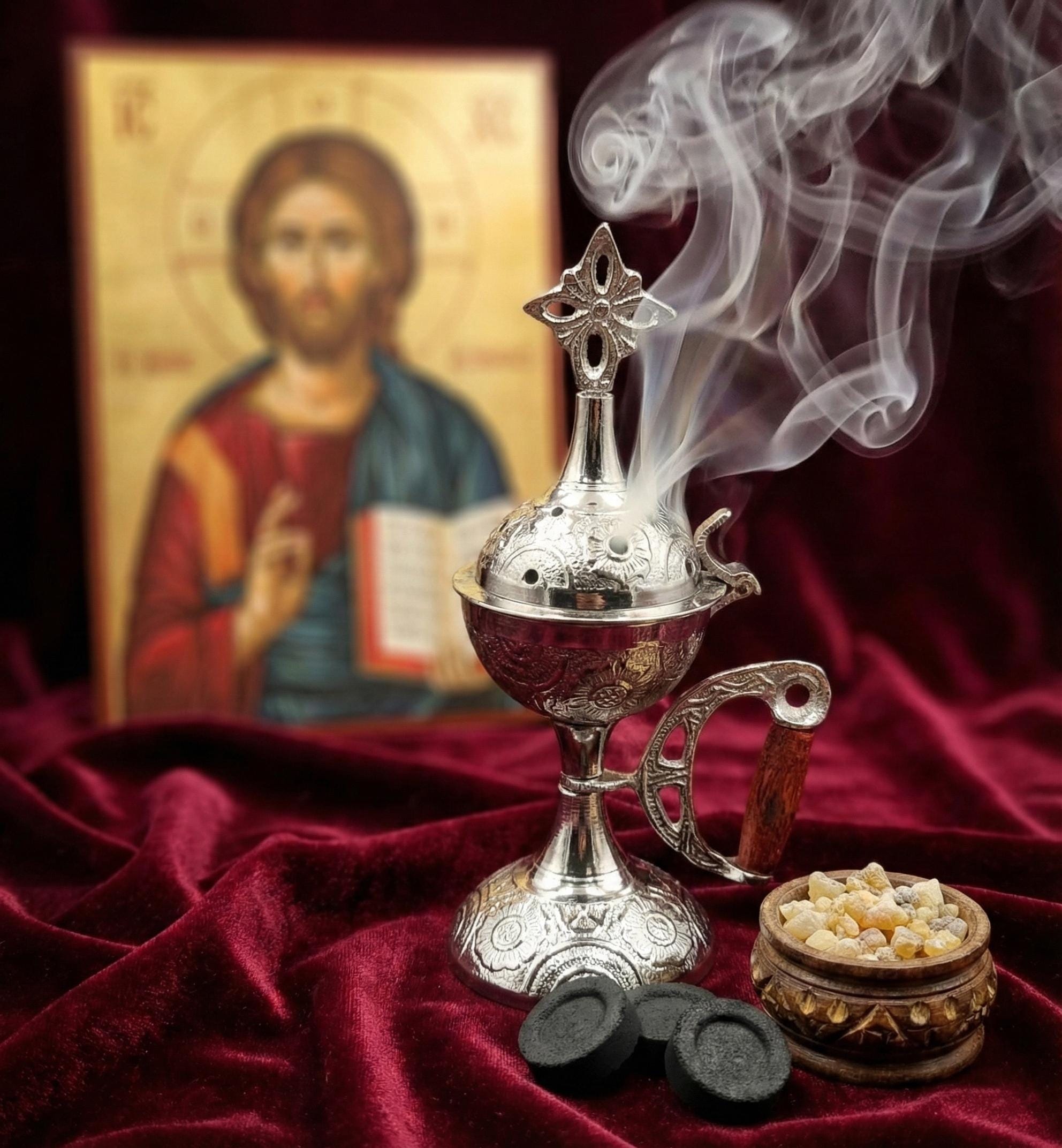 Greek Metal Censer Set, 14cm Incense Burner with 50g Frankincense & Charcoal.