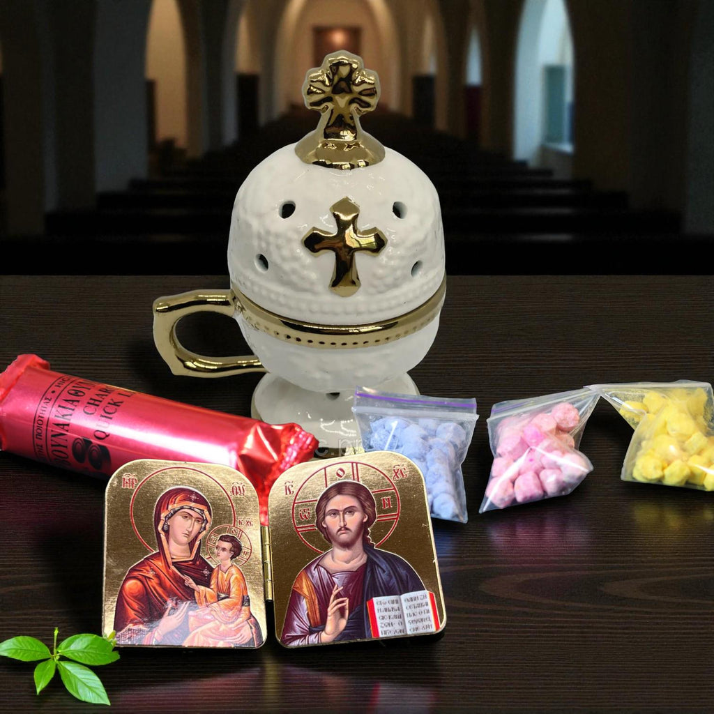 Christian incense set: white ceramic censer, folding icon, 50 grams of Greek incense, 6 pcs. of coal.
