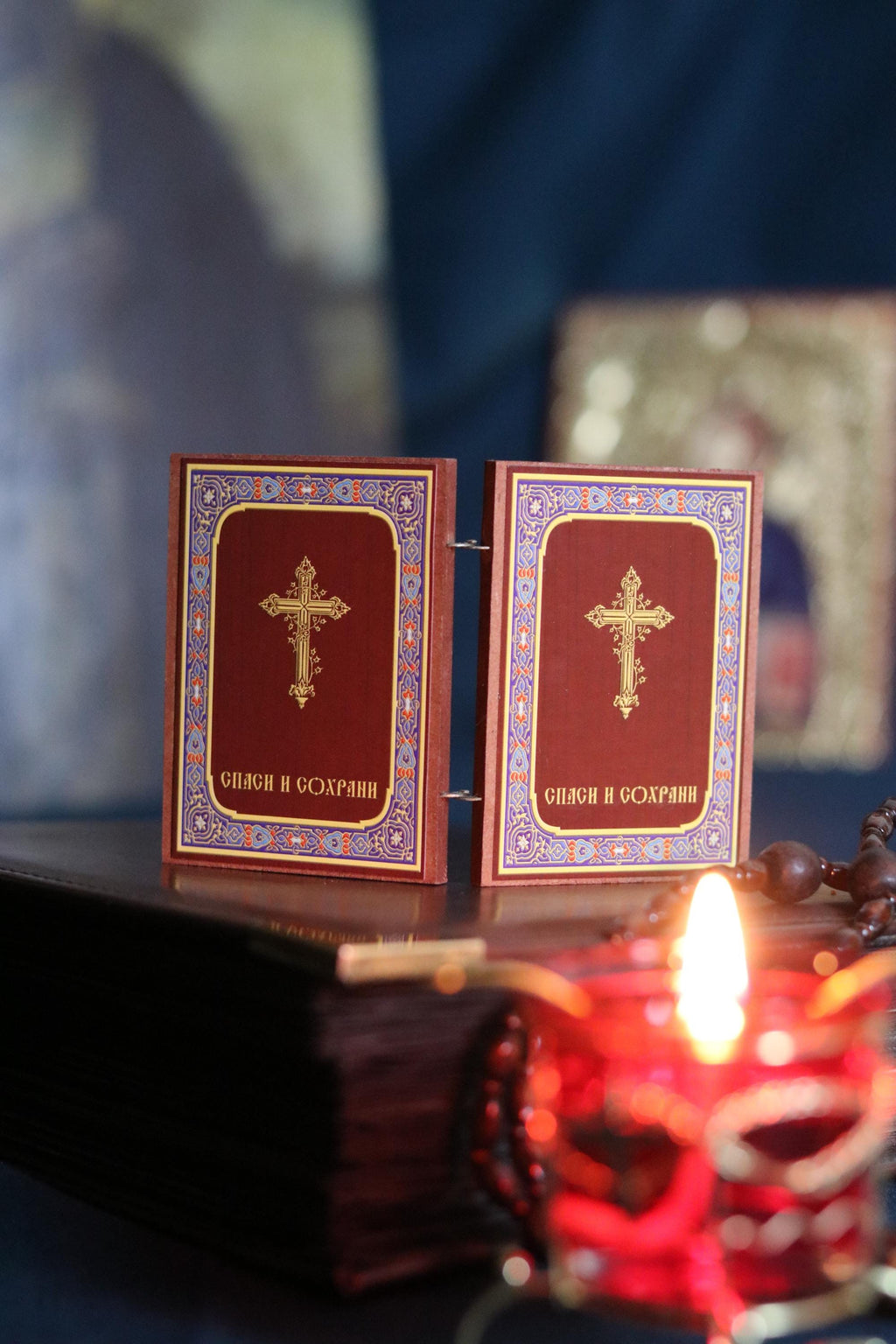 Wooden Orthodox Folding Icon 3.5in, Travel Diptych, Virgin Mary And Jesus Christ, Pocket Icon