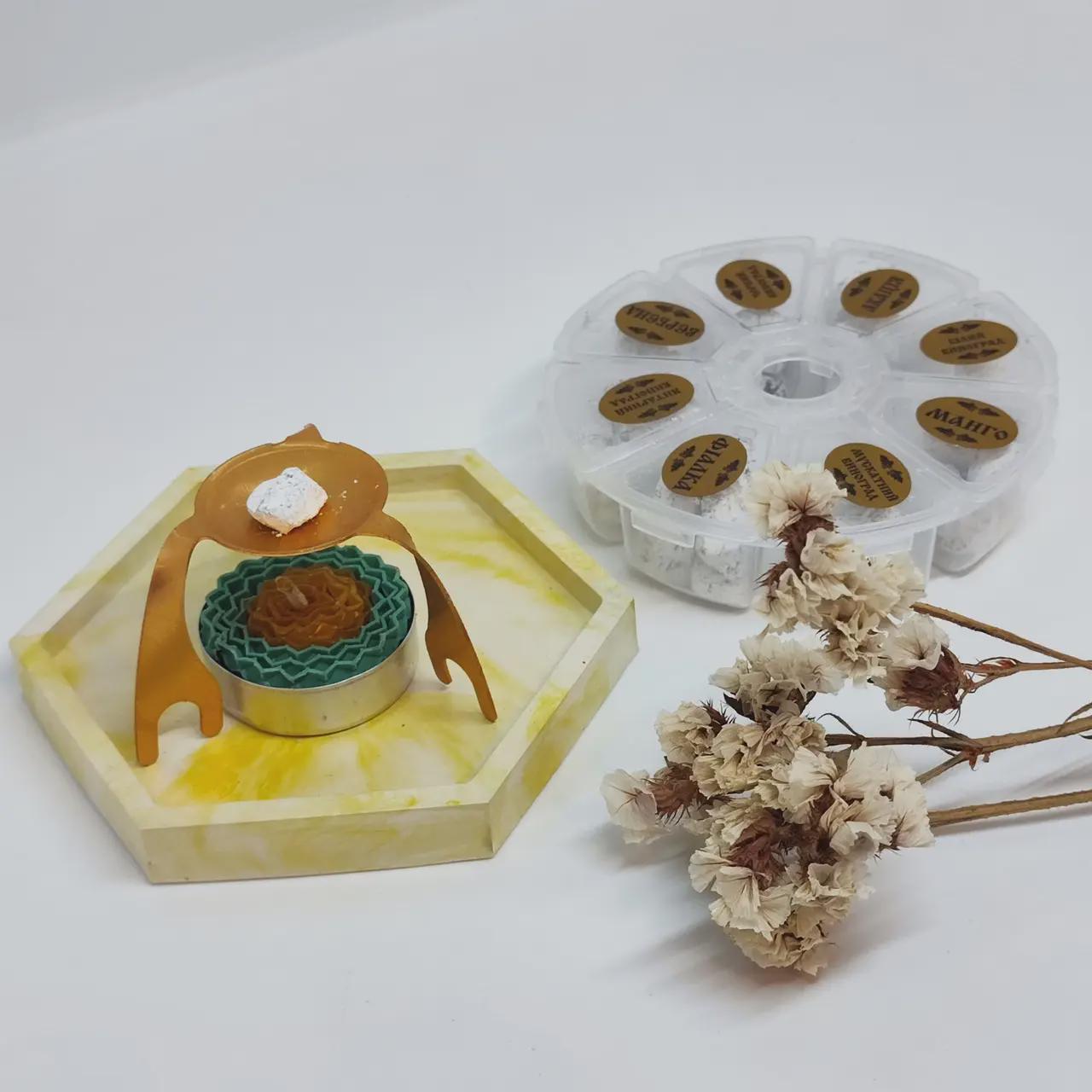 Orthodox Daily Prayer Set – 8 Types of Athonite Incense, Decorative Plaster Tray 4", Wax Candle, and Metal Spider Stand