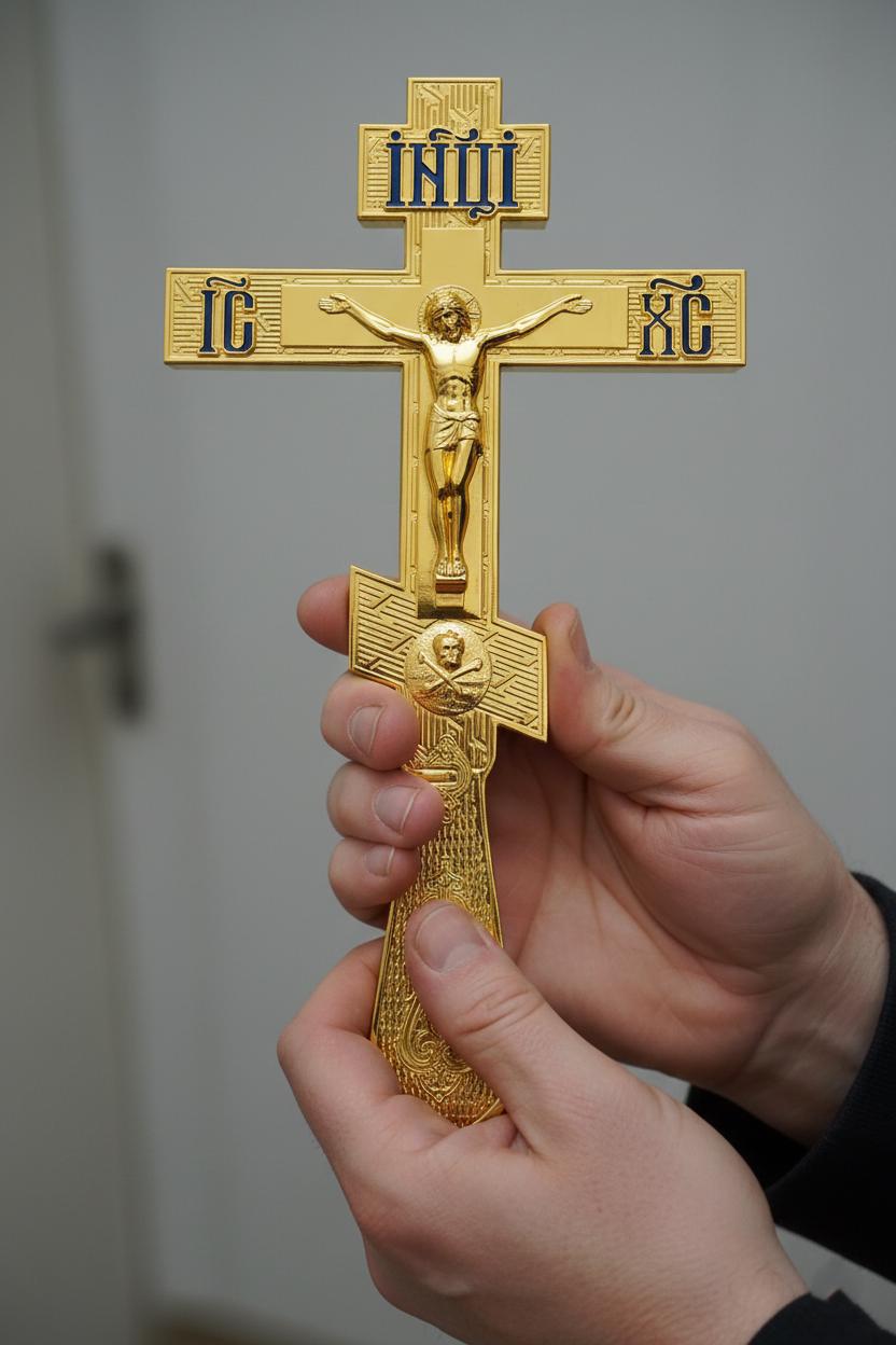 Metal Altar Cross 10.2x5.9in, Blue Enamel Orthodox Cross, Crucifix with Jesus Christ, Church Cross, Religious Decor, Christian Gift
