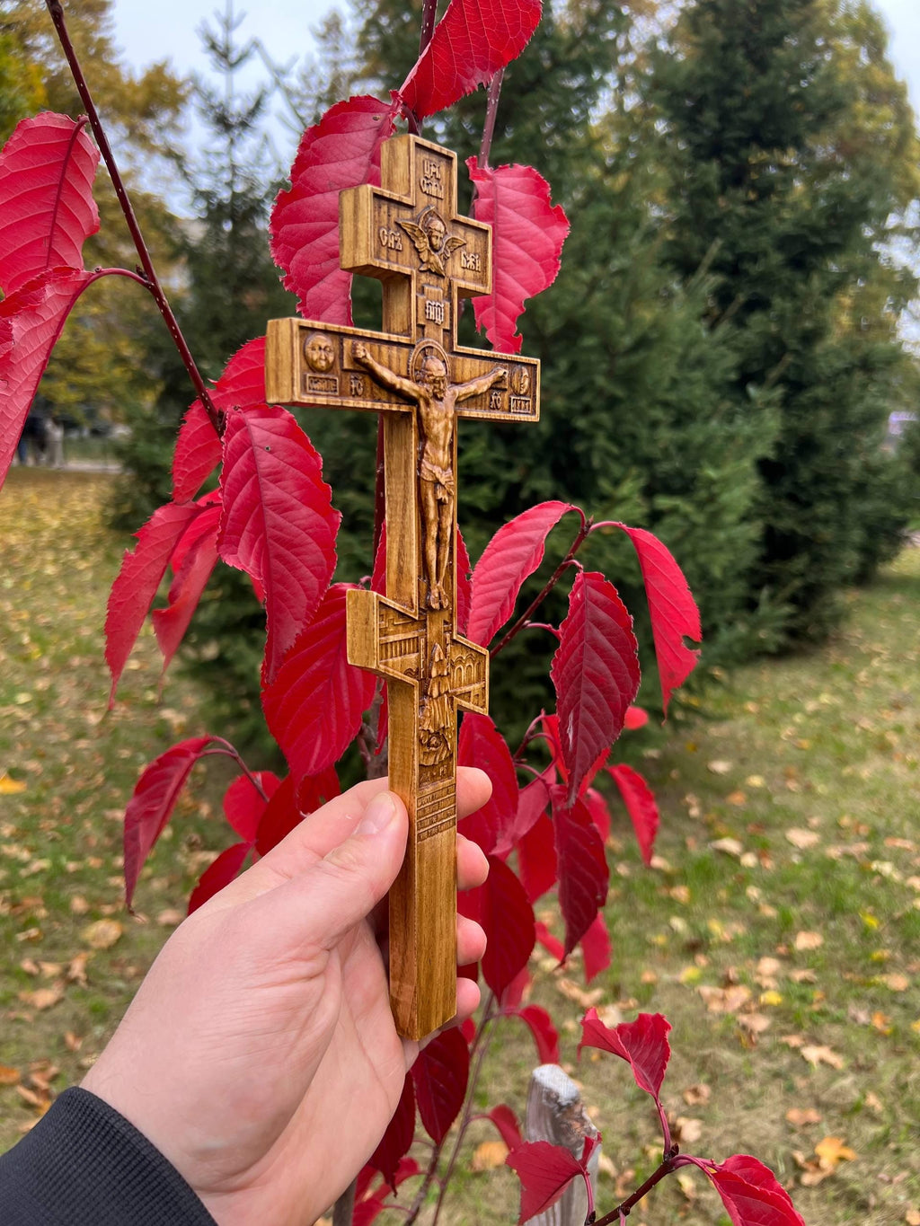 Orthodox Wooden Wall Cross 11.8x4.6in, Hand Carved Oak Ash Crucifix, Christian Cross, Orthodox Cross, Church Wall Hanging, Religious Decor