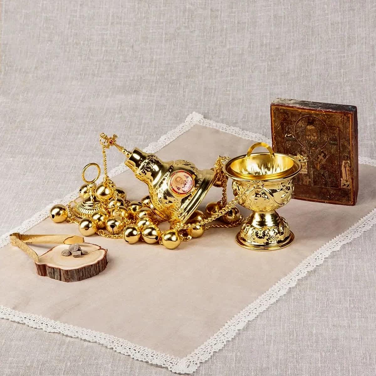 Gold Hanging Orthodox Censer 26in with 24 Bells | Brass Incense Burner | Designs with Cross or Saints (Jesus, Mary, Nicholas)