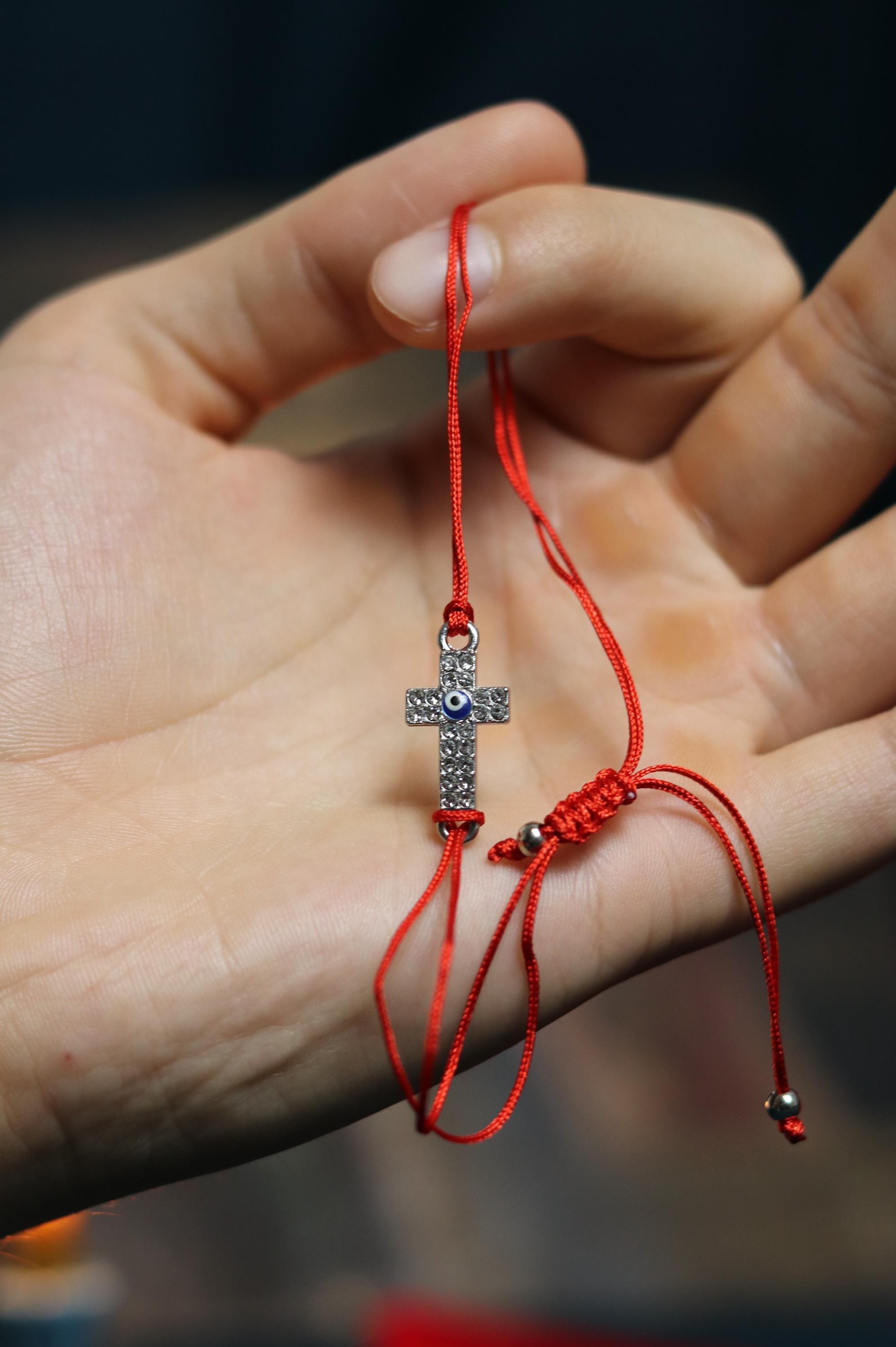 Red Cord Cross Bracelet – Adjustable Christian Bracelet with Silver-Tone Cross and Beads, Faith Jewelry Gift