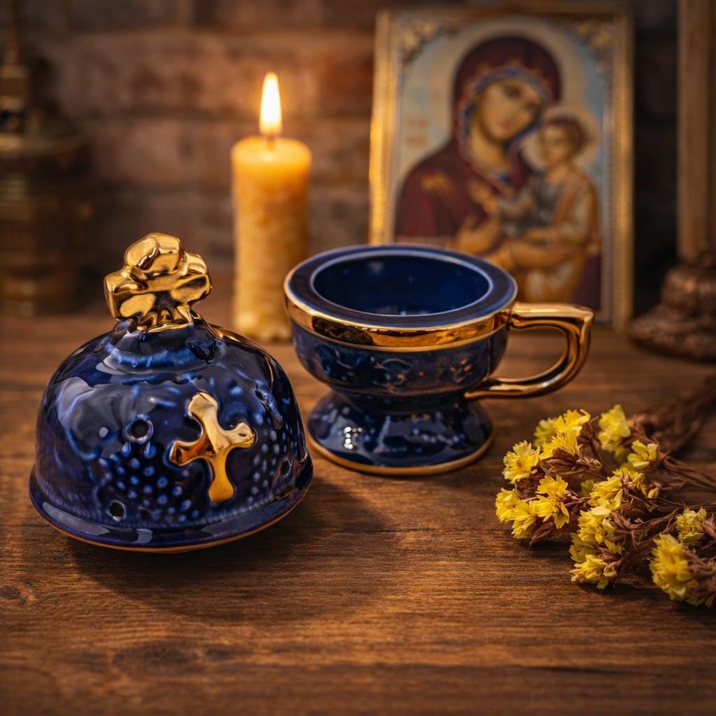 Orthodox Ceramic Incense Blue Burner with Cross 6.3 inches, Christian Incense Holder