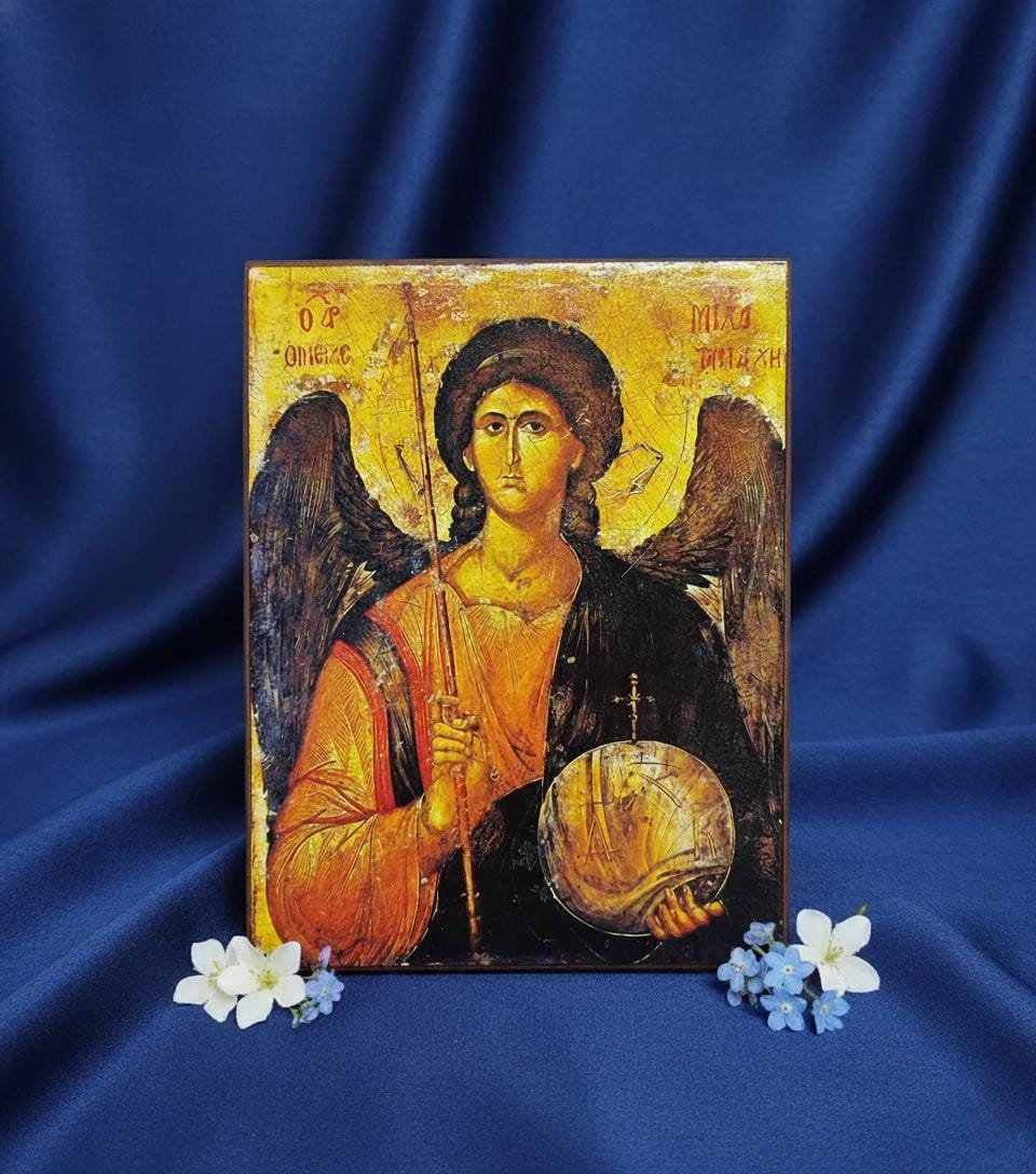 Archangel Michael Icon 16x12 cm, Wooden Icon, Orthodox Icon, Religious Gift, Christian Art, Home Decor, Angel Art