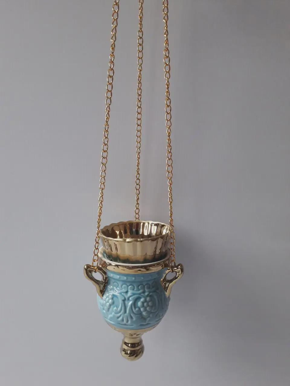 Ceramic Hanging Oil Lamp 6.69in (Blue), Chain 14.57in, Hanging Oil Lamp