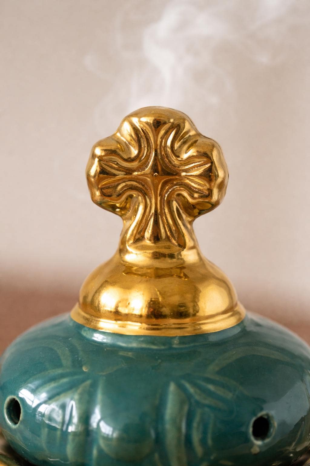Orthodox Church Ceramic Incense Burner 4.3 in, Green Gilded Censer
