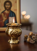 Gold Table Oil Lamp 3.7 in, Home Altar Light with Wicks & Float.
