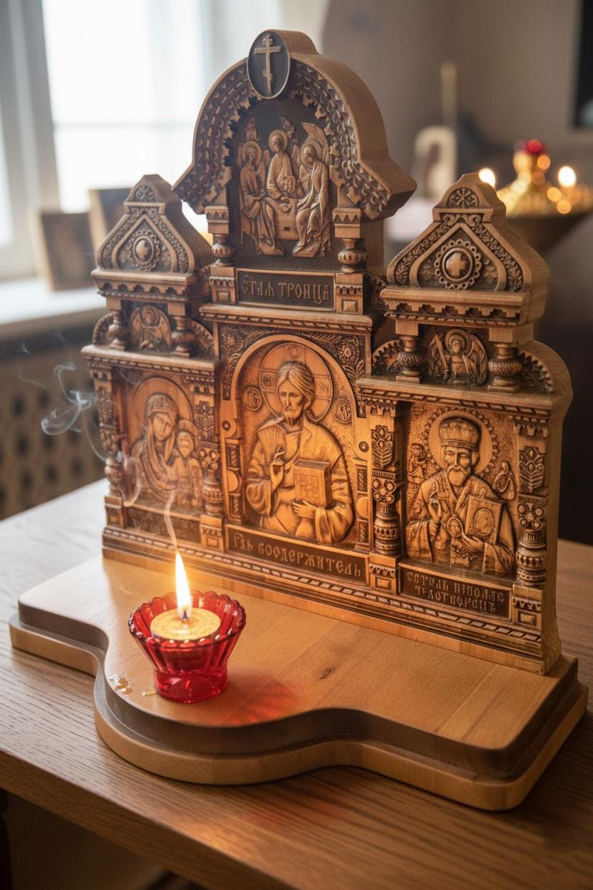 Wood Home Iconostasis 20 in, Stained and Lacquered, Orthodox Prayer Corner with Oil Lamp and Wicks, Jesus Christ Virgin Mary St Nicholas