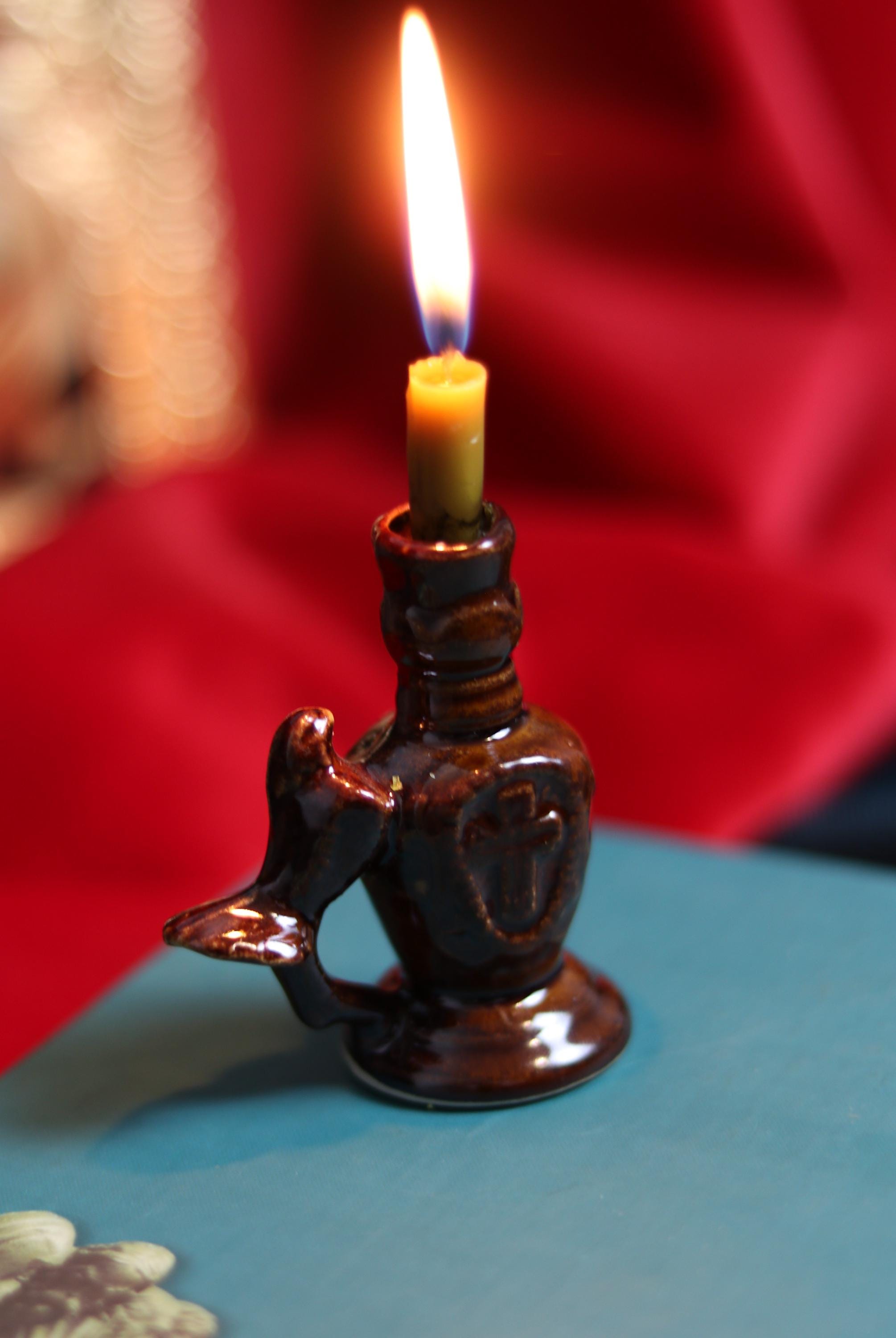 Ceramic Candle Holder with Dove and Cross Relief – Handmade Religious Pottery – 7cm Brown Glazed