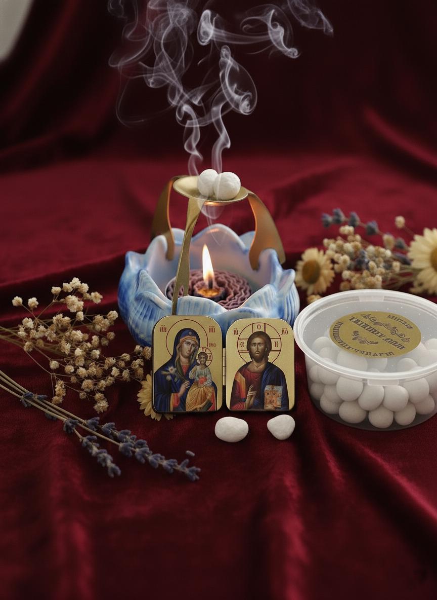 Christian Prayer Set, Blue Lotus Incense Burner with Candle, 50g Greek Incense, Folding icon 2x1.6in.