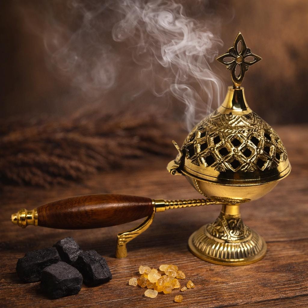 Incense Burner 5.9in Metal Censer Wooden Handle, Orthodox Censer, Religious Decor