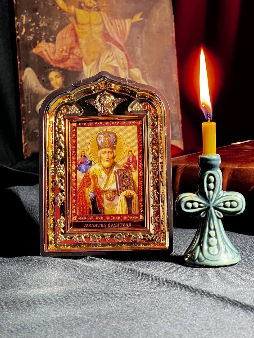 Icon in frame Nicholas the Wonderworker Myra, Icon with decoration, Orthodox icon, Lithography icon, Icon 10x14