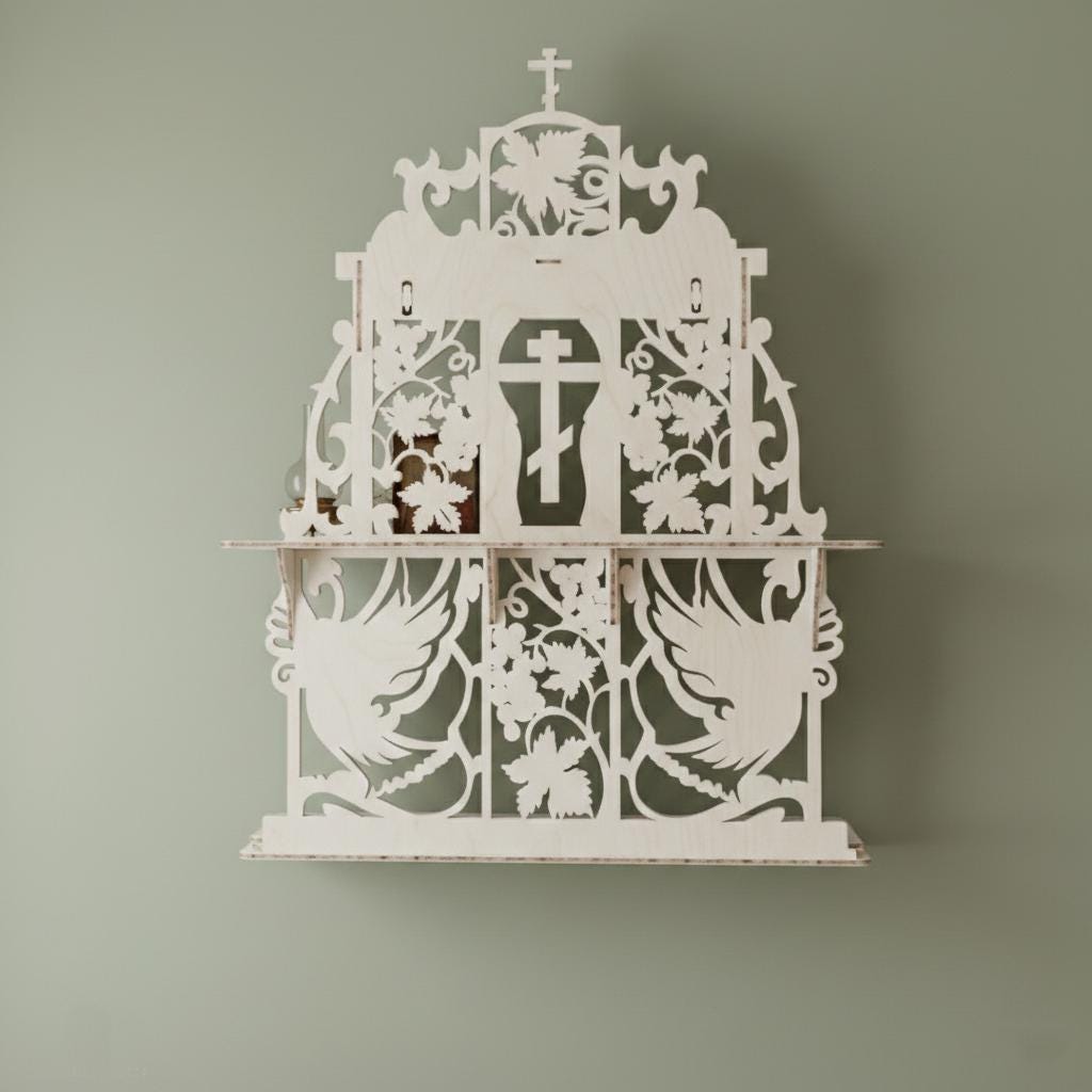 Birch Plywood Iconostasis 31.9 in, Orthodox Home Icon Stand, Prayer Corner Shelf