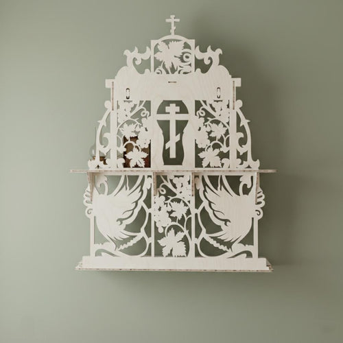 Birch Plywood Iconostasis 31.9 in, Orthodox Home Icon Stand, Prayer Corner Shelf