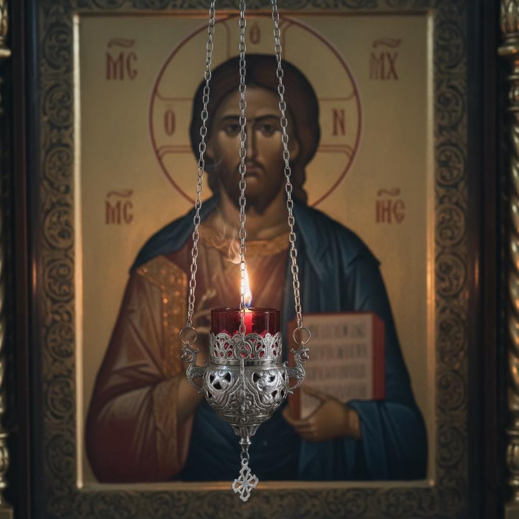 Hanging Lampada 4.7x2.6 in, Chain 15.7 in, Glass Lampada, Orthodox Icon Lamp