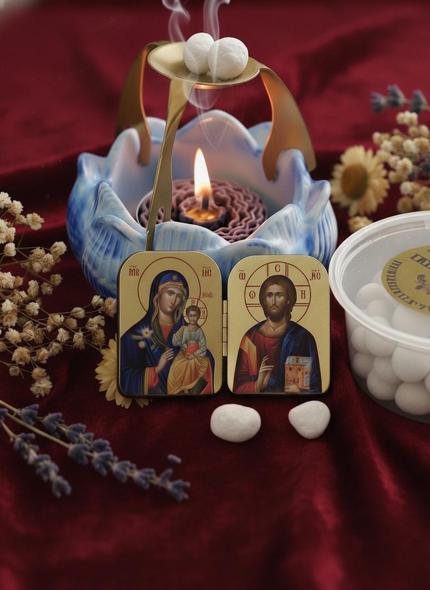 Christian Prayer Set, Blue Lotus Incense Burner with Candle, 50g Greek Incense, Folding icon 2x1.6in.