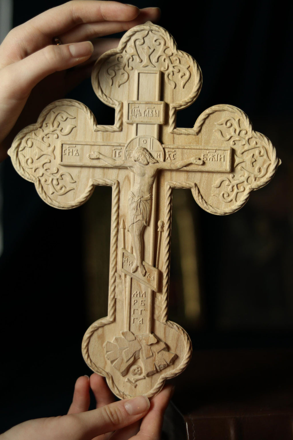 Wooden Orthodox Crucifix 11.8in, Beech Wood Cross, Cross of Lord Jesus Christ